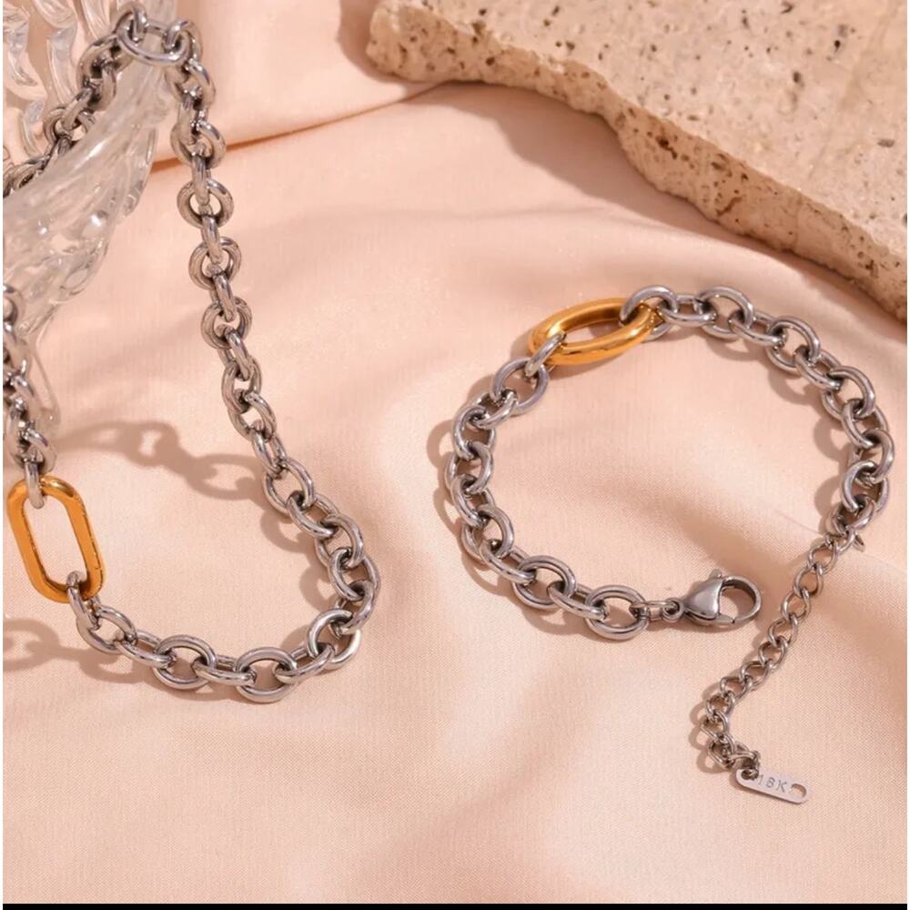 Oval Link Stainless Steel 18K Gold Necklace Bracelet Set Industrial‎ Urban NEW